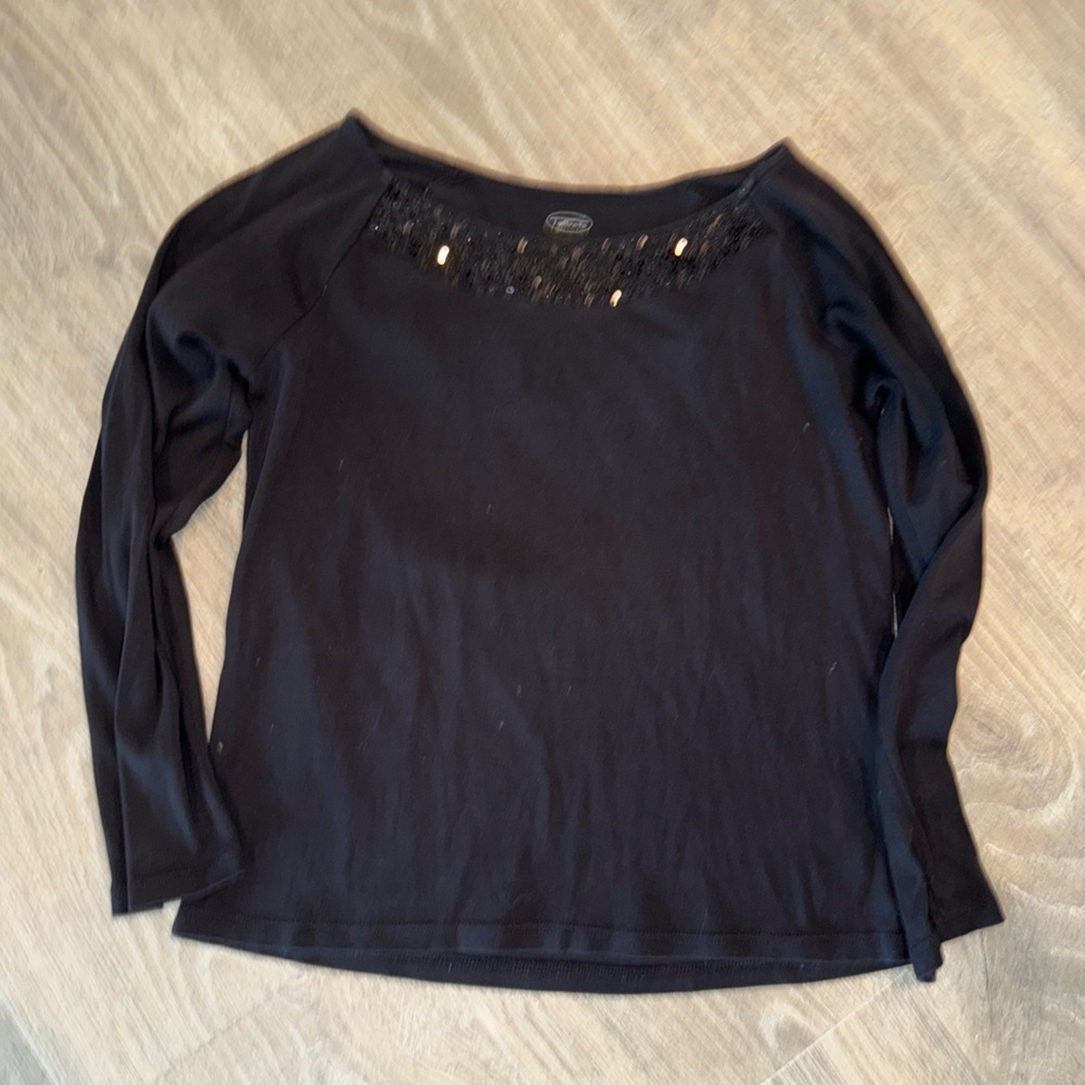 Talbots Black Long Sleeve Top with Sequin Embellished Neckline Sz Lg